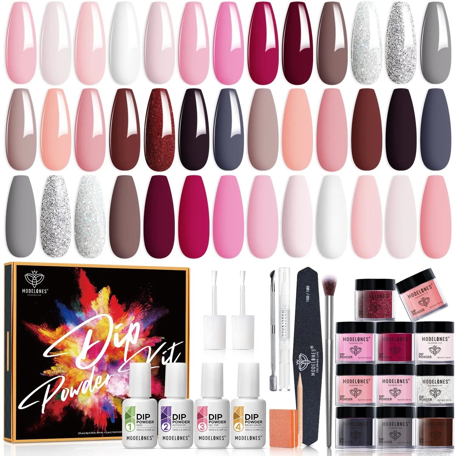 32-Piece Nail Dip Powder Kit - 20 Stunning Colors, Base & Top Coats, Tools for DIY Nail Art