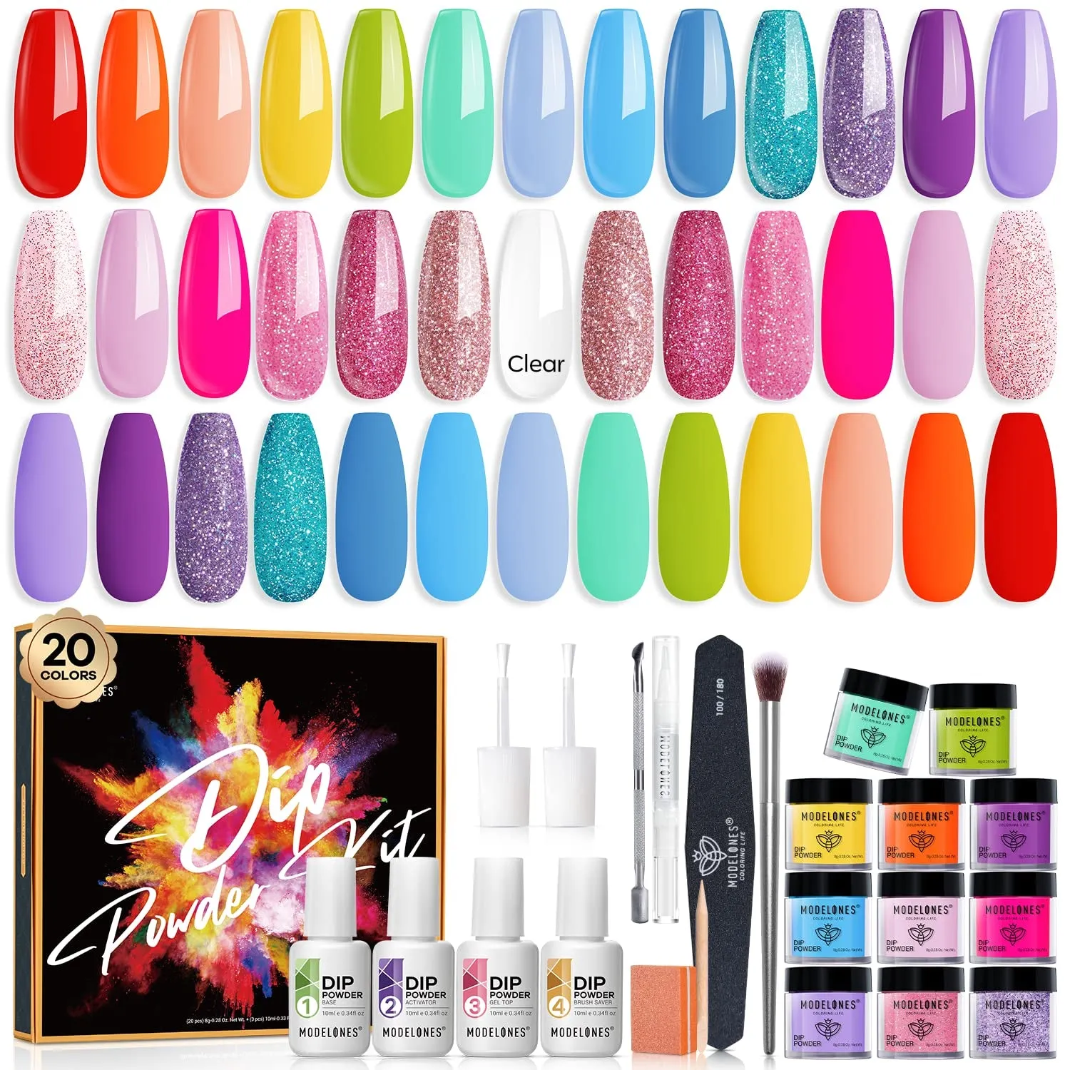 32-Piece Nail Dip Powder Kit - 20 Stunning Colors, Base & Top Coats, Tools for DIY Nail Art