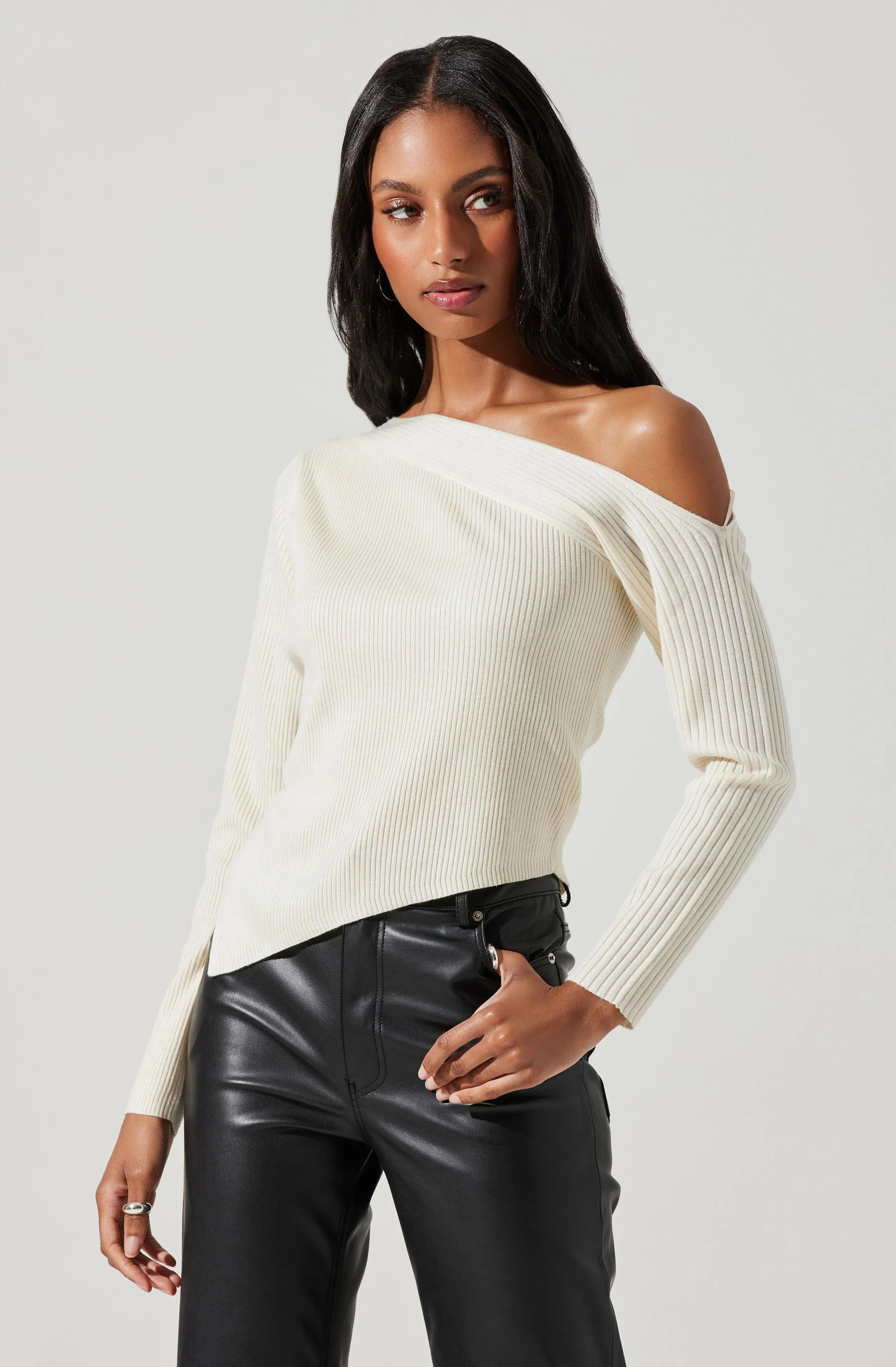 Aldari Off Shoulder Ribbed Sweater