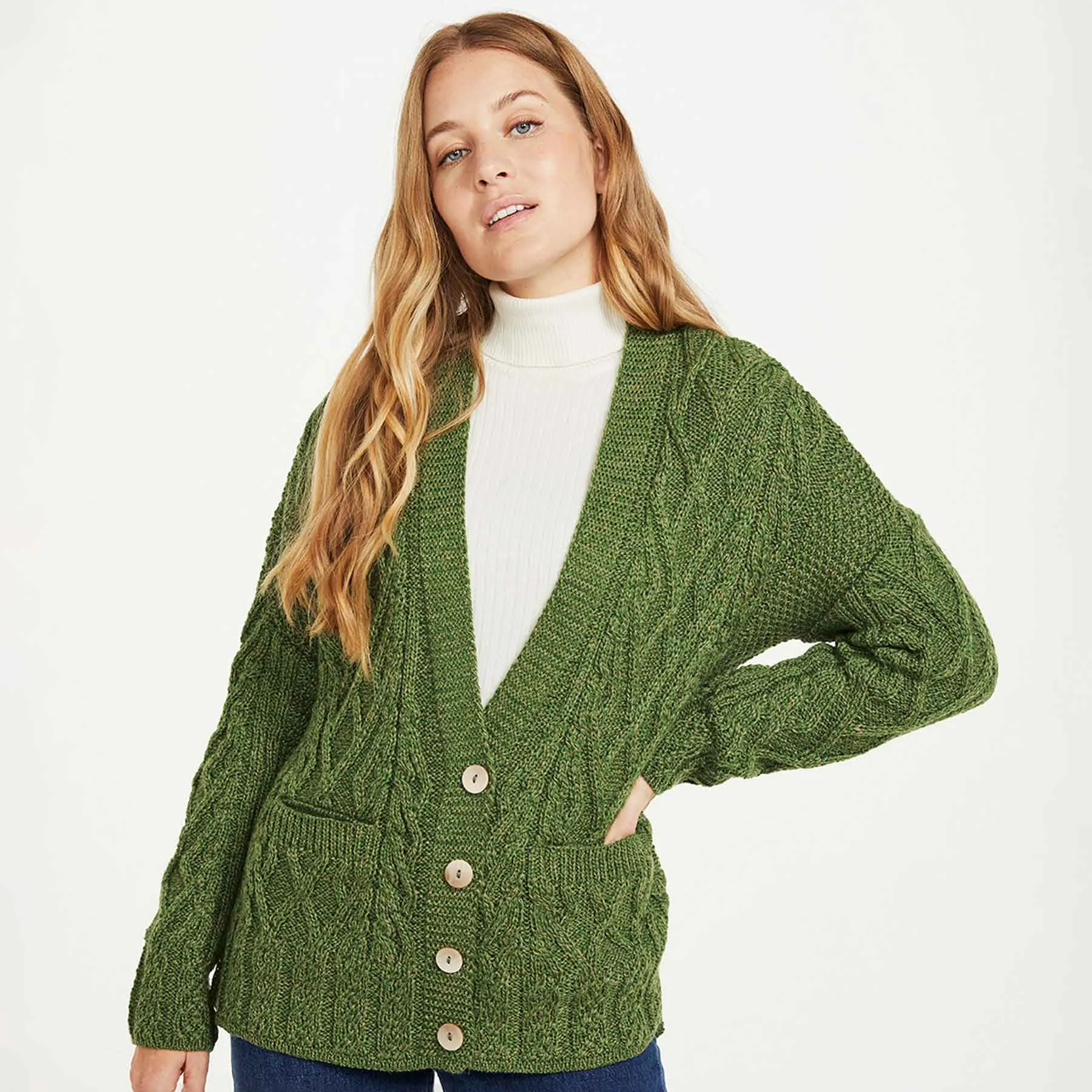 Aran Knit Trellis Button Cardigan- Green