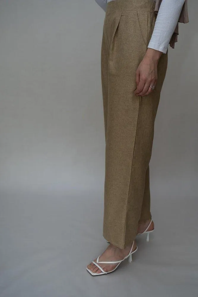 Aroa high waist wide leg palazzo trouser in khaki with pockets bisht fabric