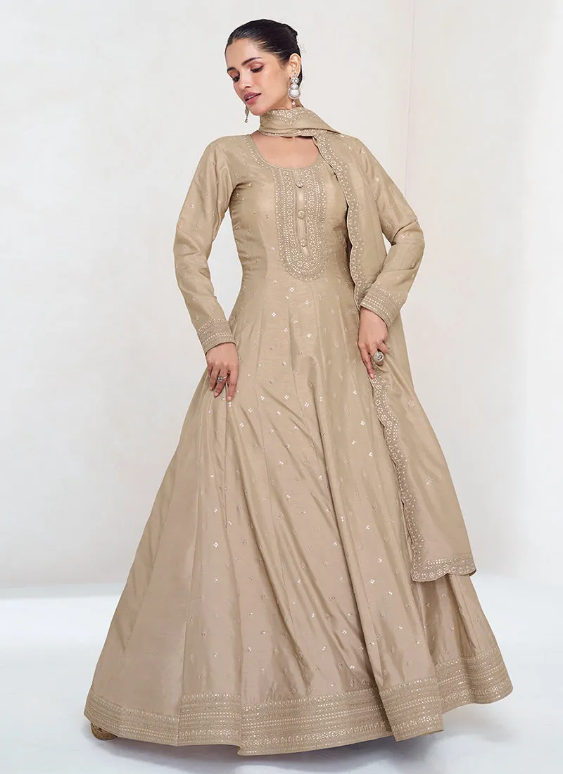 Beige Sequence Embroidery Wedding Anarkali Gown