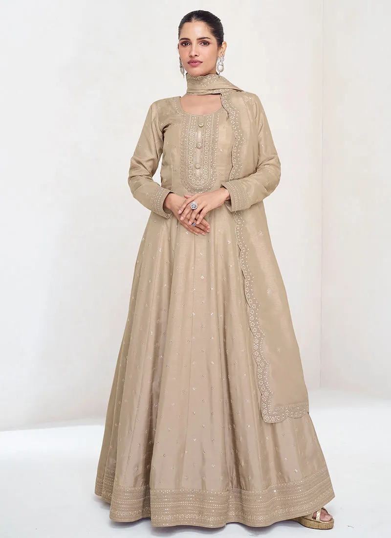 Beige Sequence Embroidery Wedding Anarkali Gown