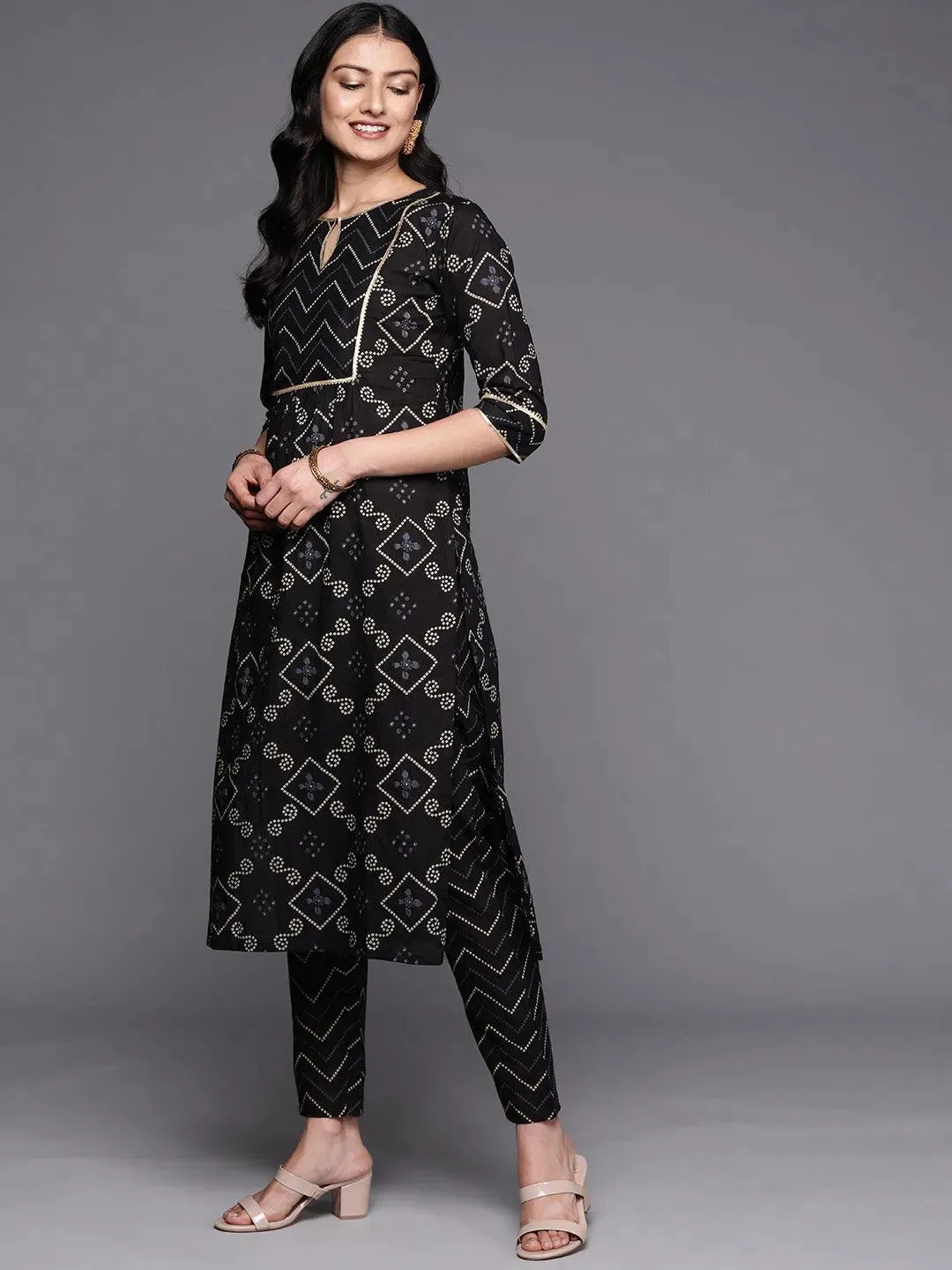 Black Printed Cotton Straight Kurta With Trousers