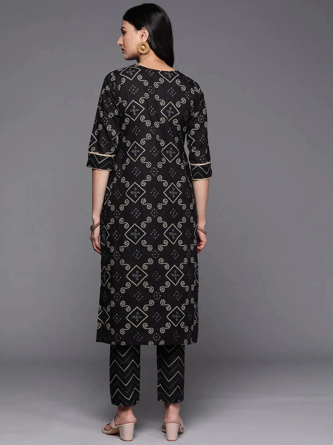 Black Printed Cotton Straight Kurta With Trousers