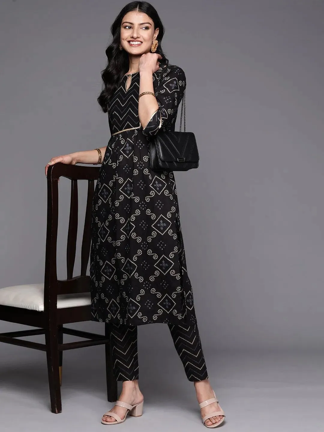 Black Printed Cotton Straight Kurta With Trousers