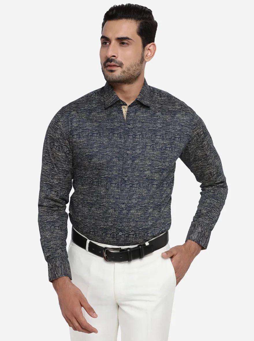 Blue & Cream Printed Slim Fit Party wear Shirt | Greenfibre