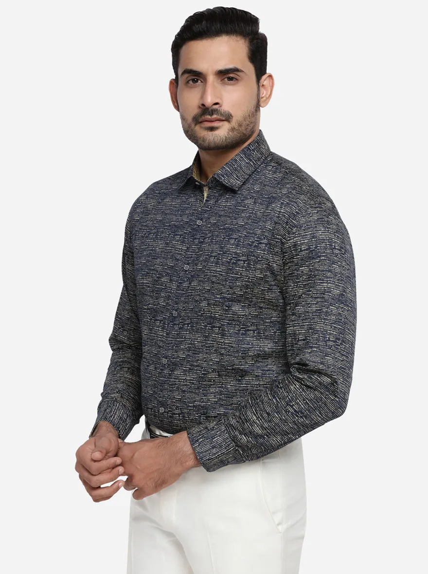 Blue & Cream Printed Slim Fit Party wear Shirt | Greenfibre