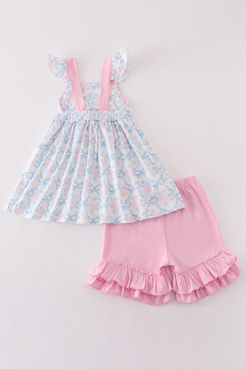 Blue bow tie print girl set