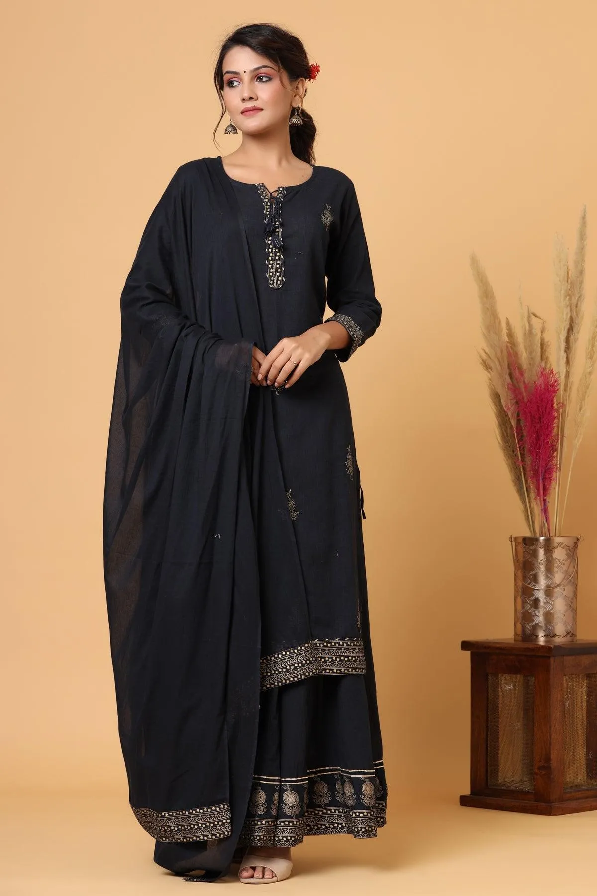 Blue Gold Embellished Cotton Kurta Sharara With Dupatta