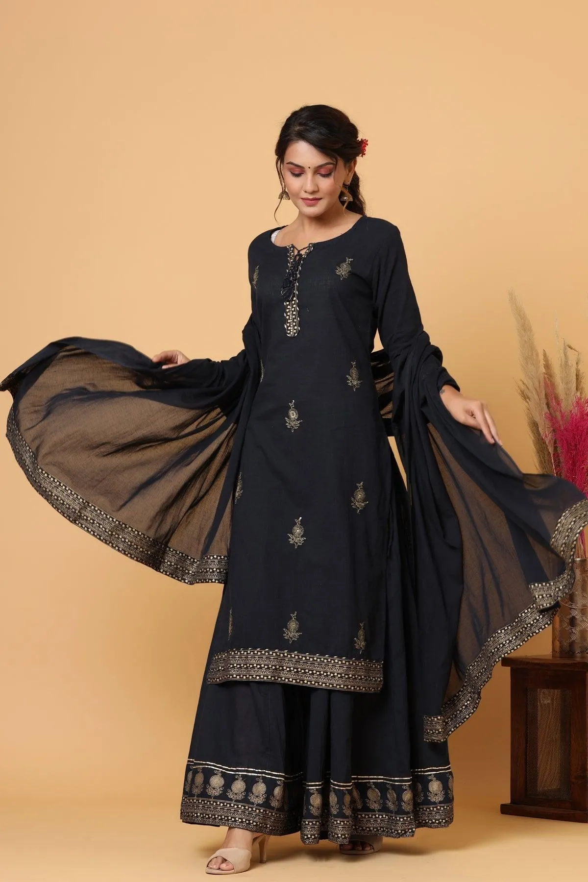 Blue Gold Embellished Cotton Kurta Sharara With Dupatta