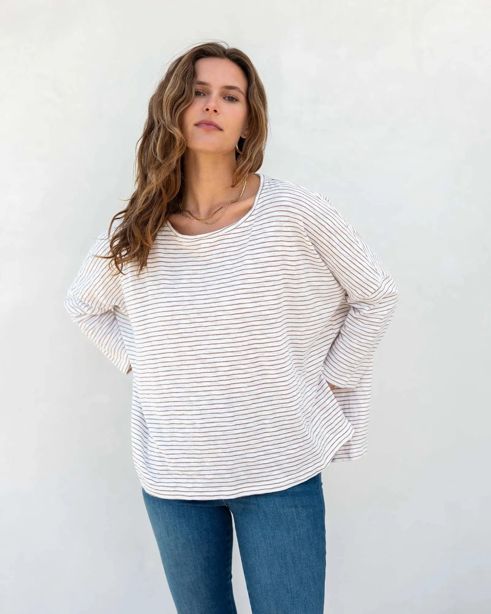 Catalina Slub Tee in White   Taupe Stripe