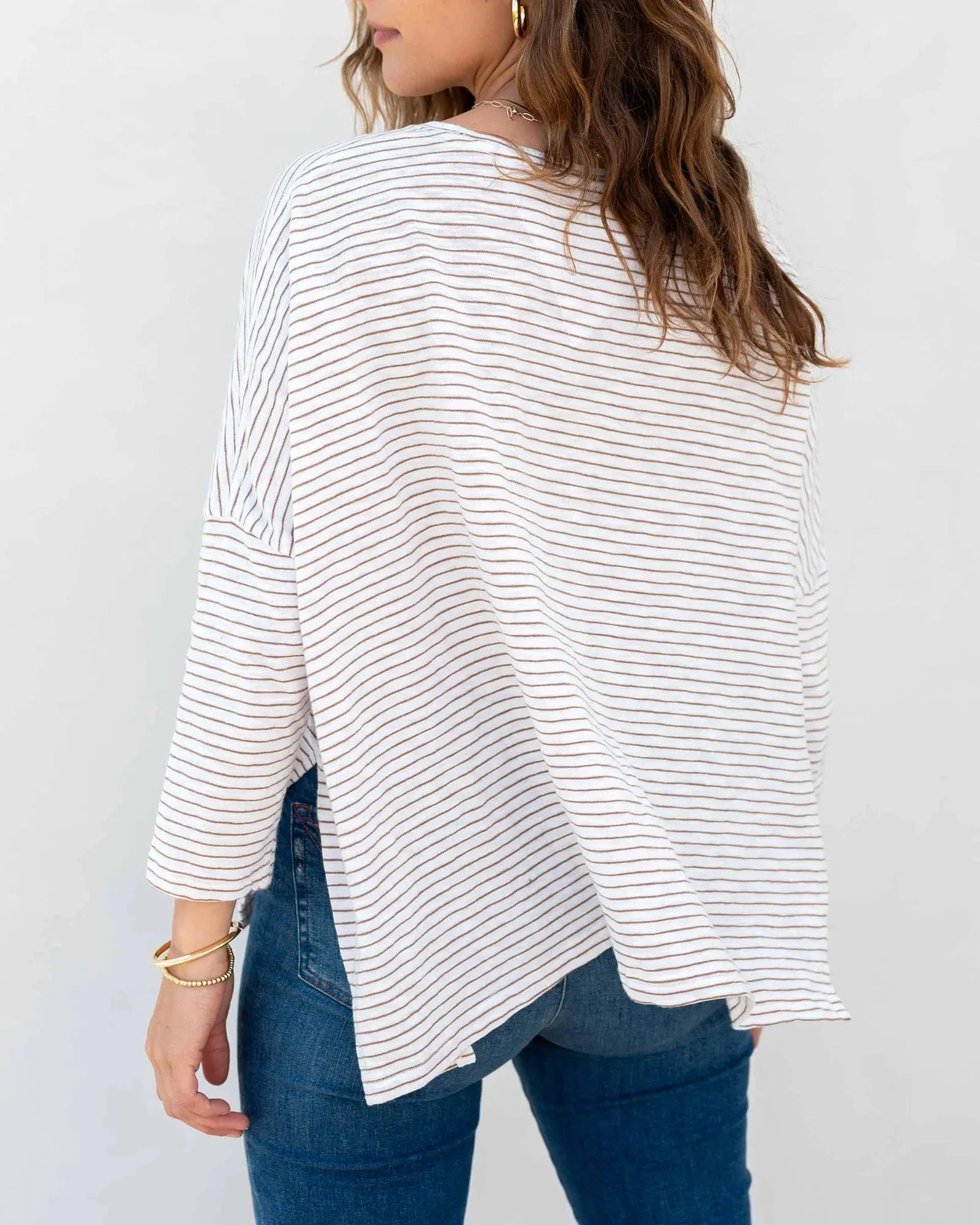 Catalina Slub Tee in White   Taupe Stripe