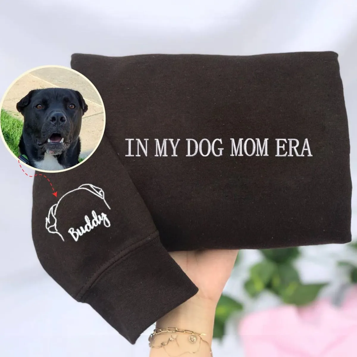 Dog Mama Sweatshirt, Hoodie Embroidered with Dog Ear, Name, Quote