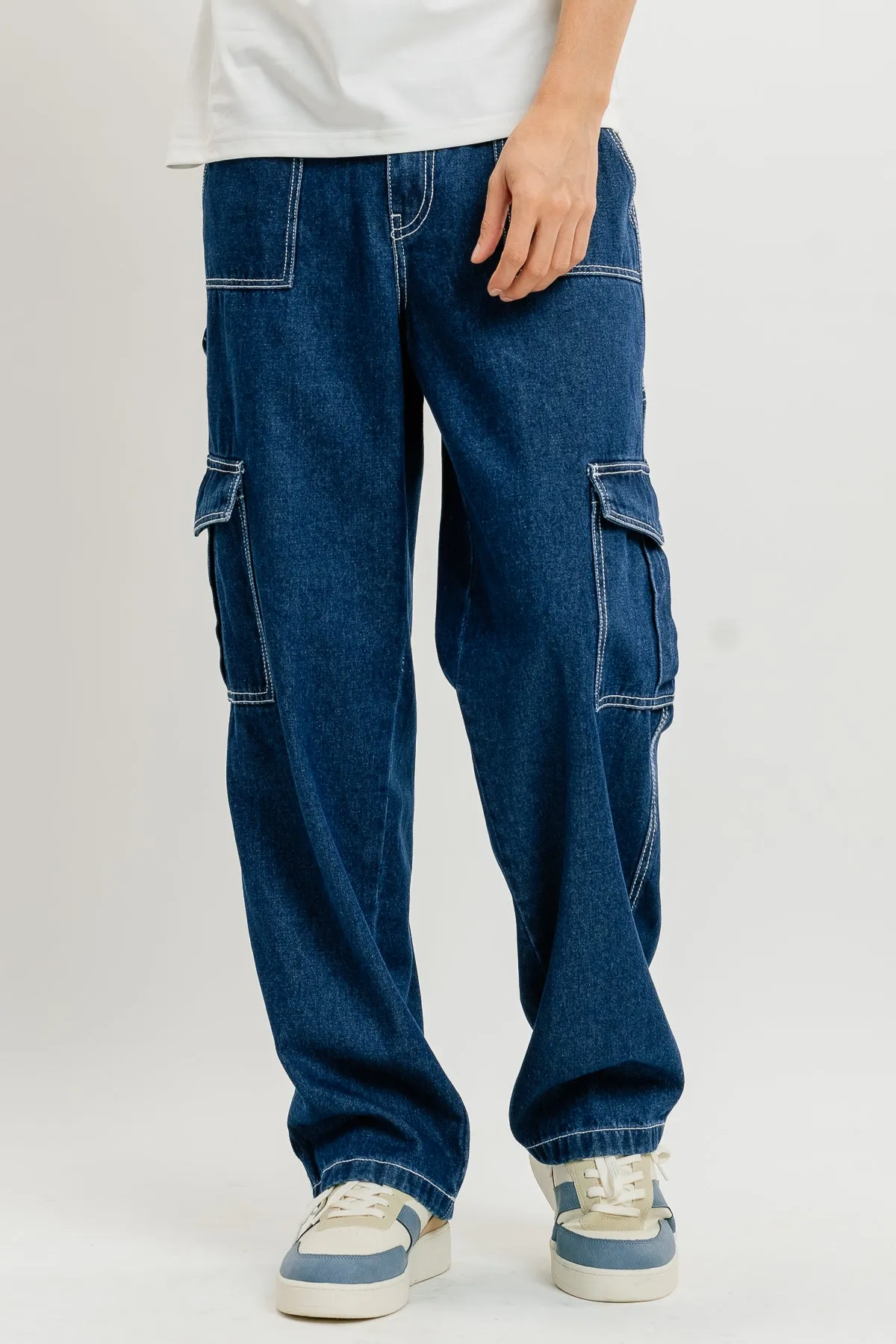 Elasticated Mid Blue Men's Cargo Jeans