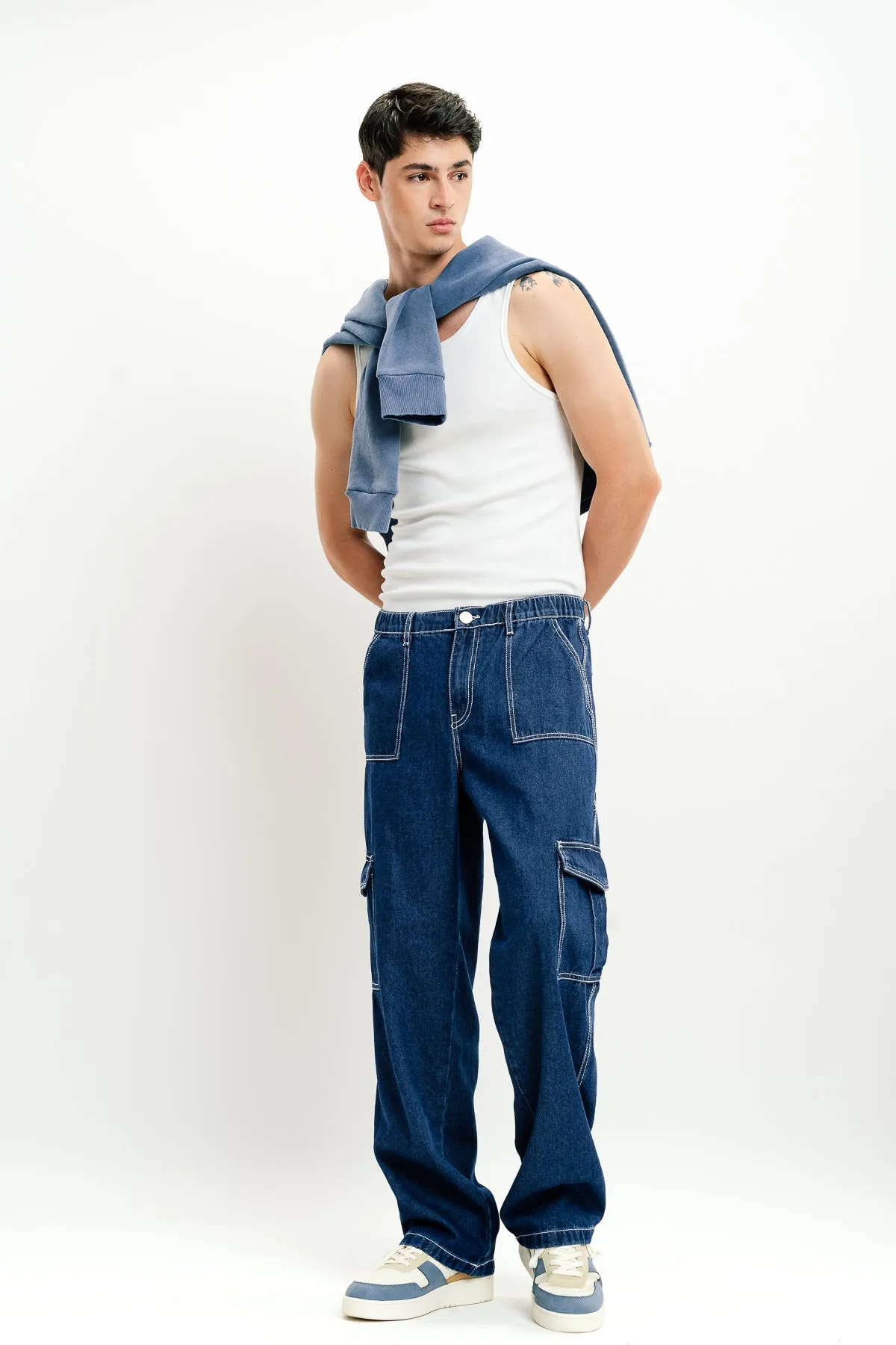 Elasticated Mid Blue Men's Cargo Jeans