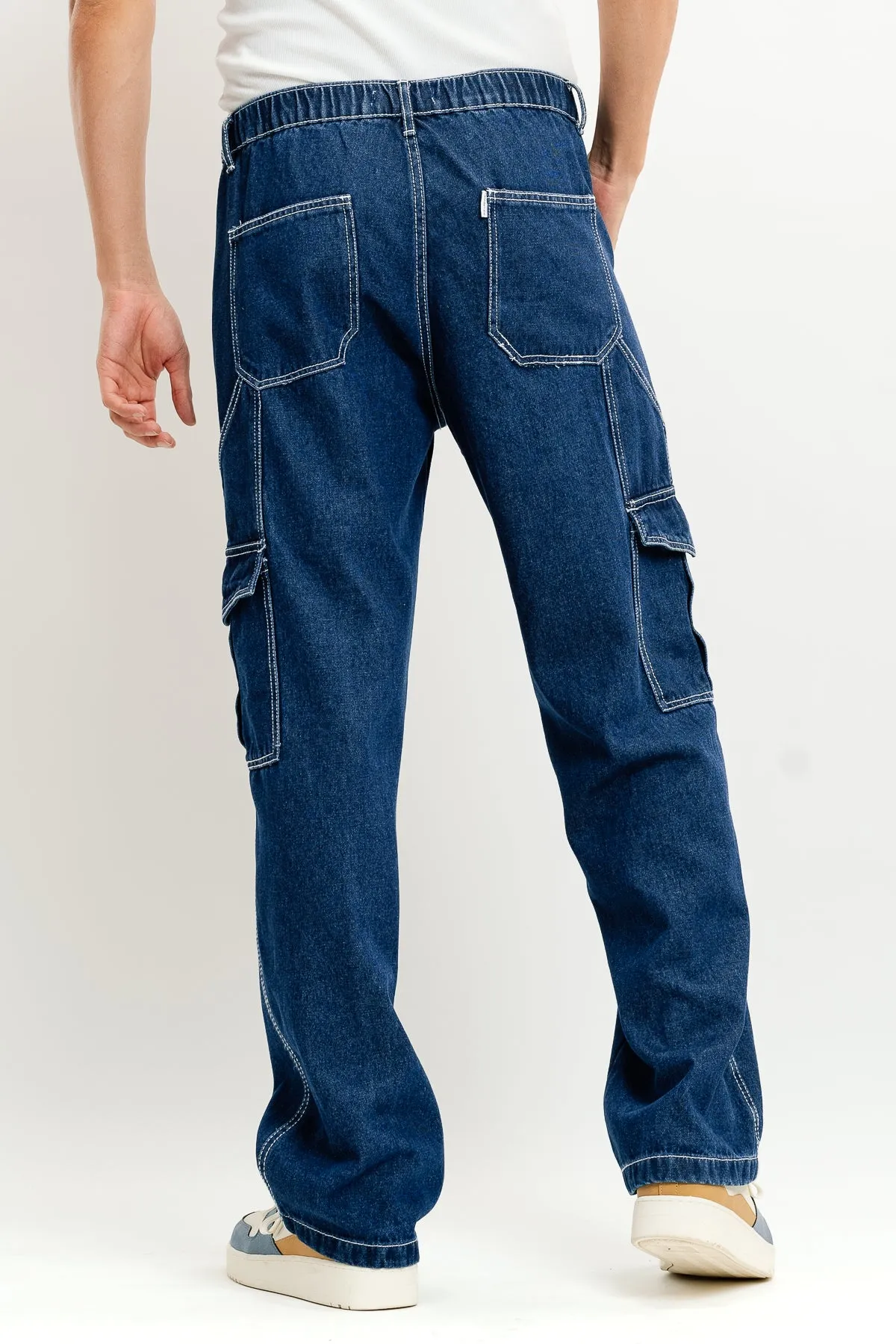 Elasticated Mid Blue Men's Cargo Jeans