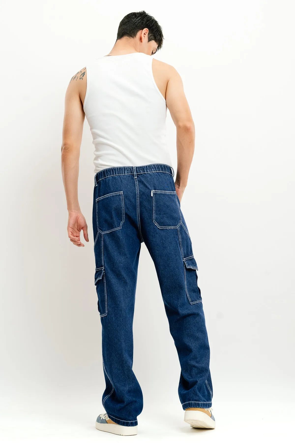 Elasticated Mid Blue Men's Cargo Jeans