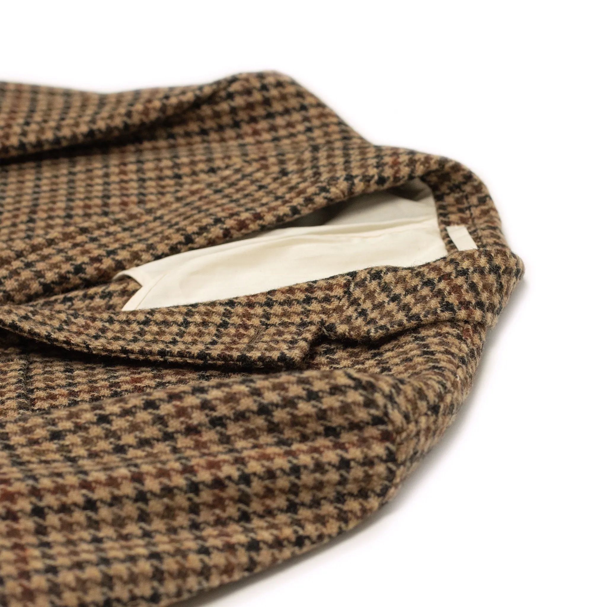 Elbow patch sport coat in brown, black, and burgundy guncheck Harris Tweed wool