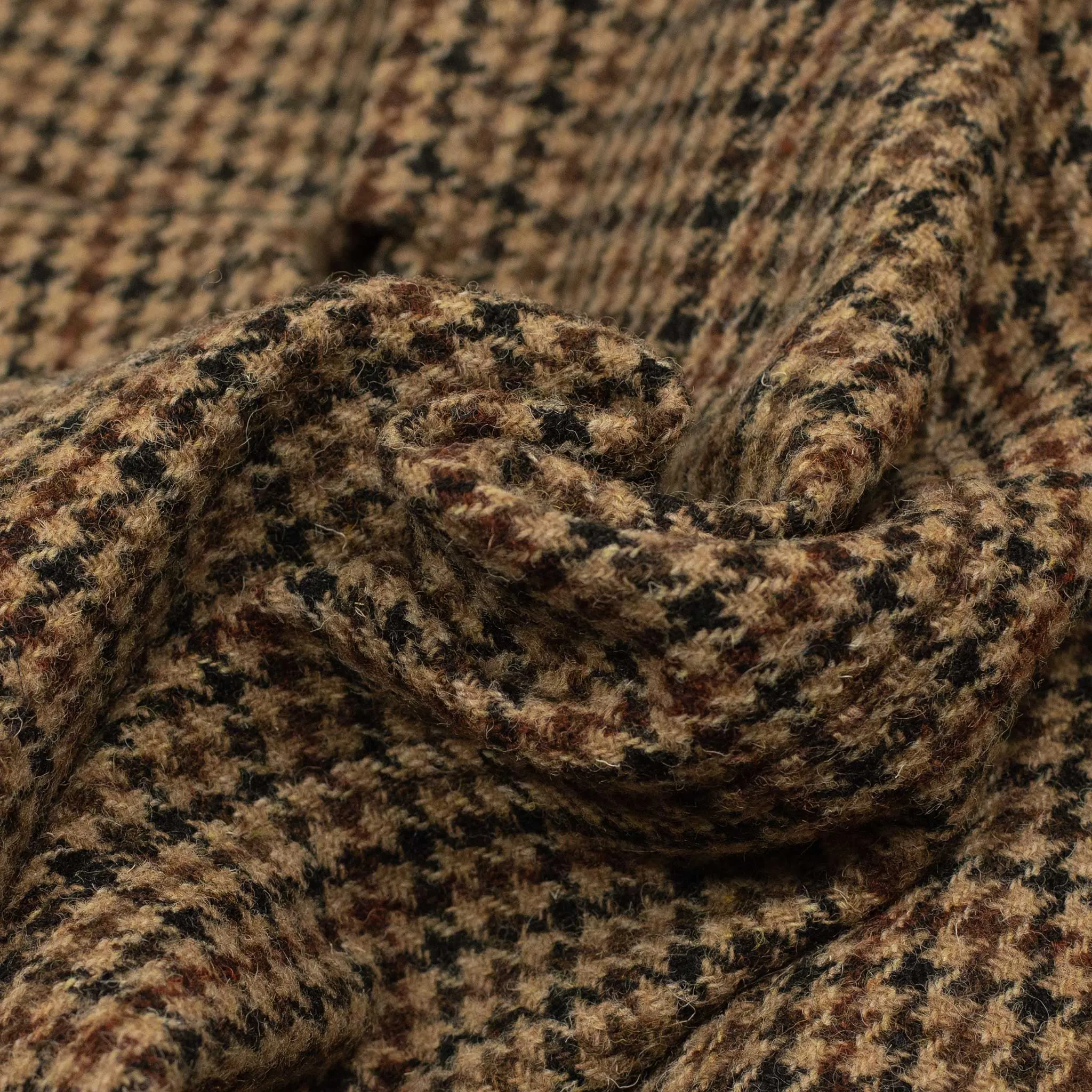 Elbow patch sport coat in brown, black, and burgundy guncheck Harris Tweed wool