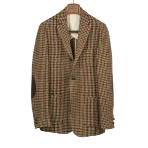 Elbow patch sport coat in brown, black, and burgundy guncheck Harris Tweed wool