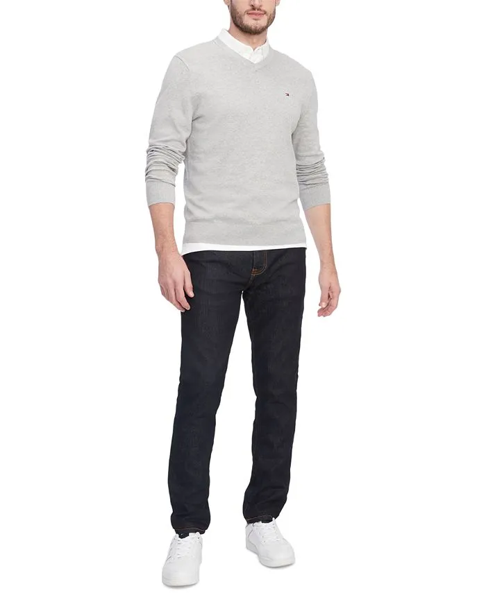 Essential Tommy Hilfiger Men's Solid V-Neck Sweater, Gray