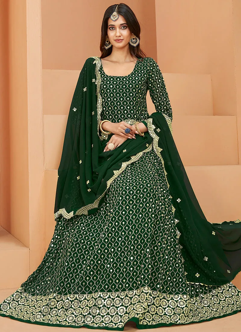 Green Mirror Work Embroidery Wedding Anarkali Suit