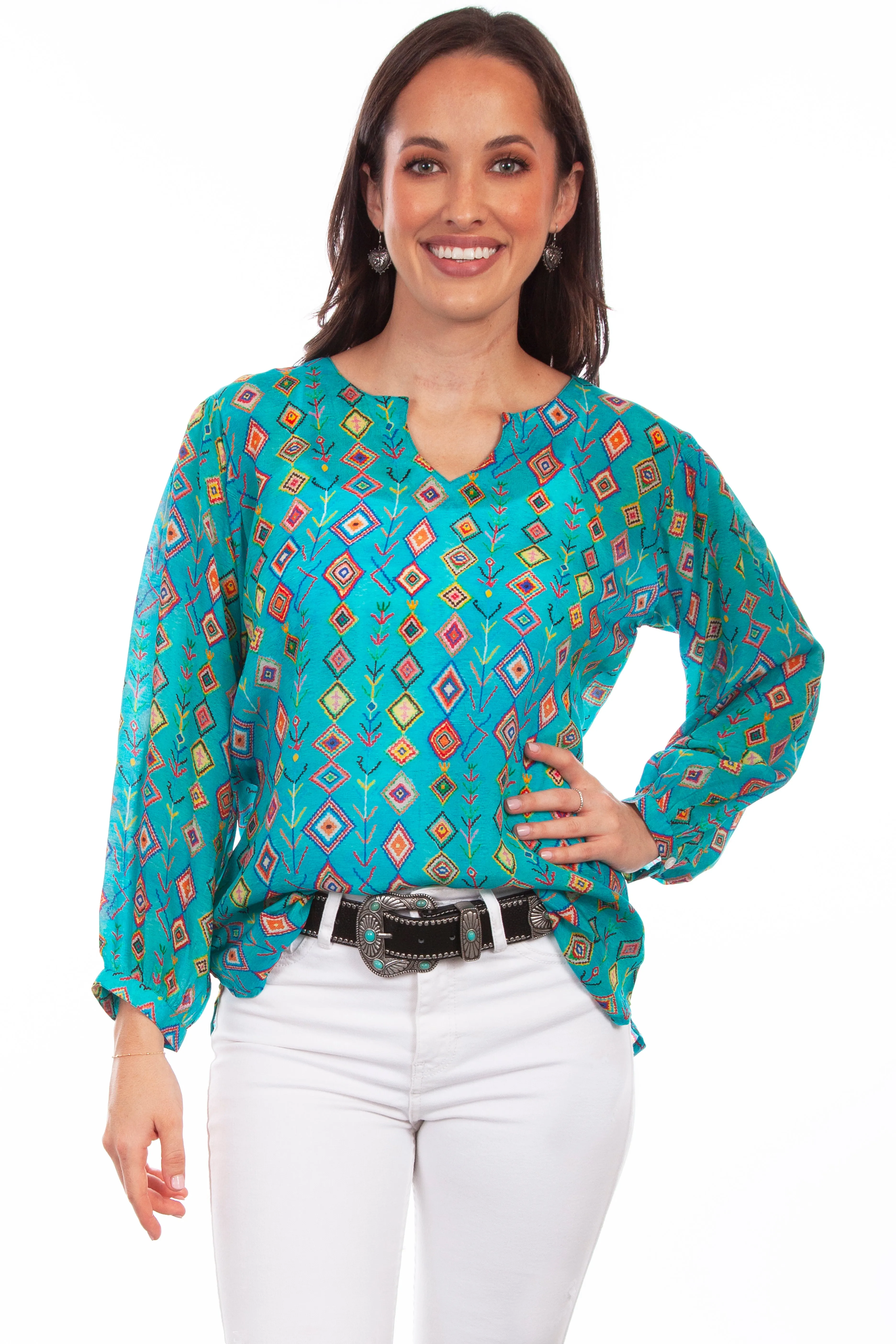 Honey creek turquoise pullover v-neck print blouse