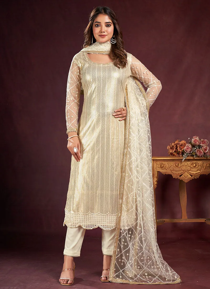 Ivory White Sequence Embroidery Pant Style Suit