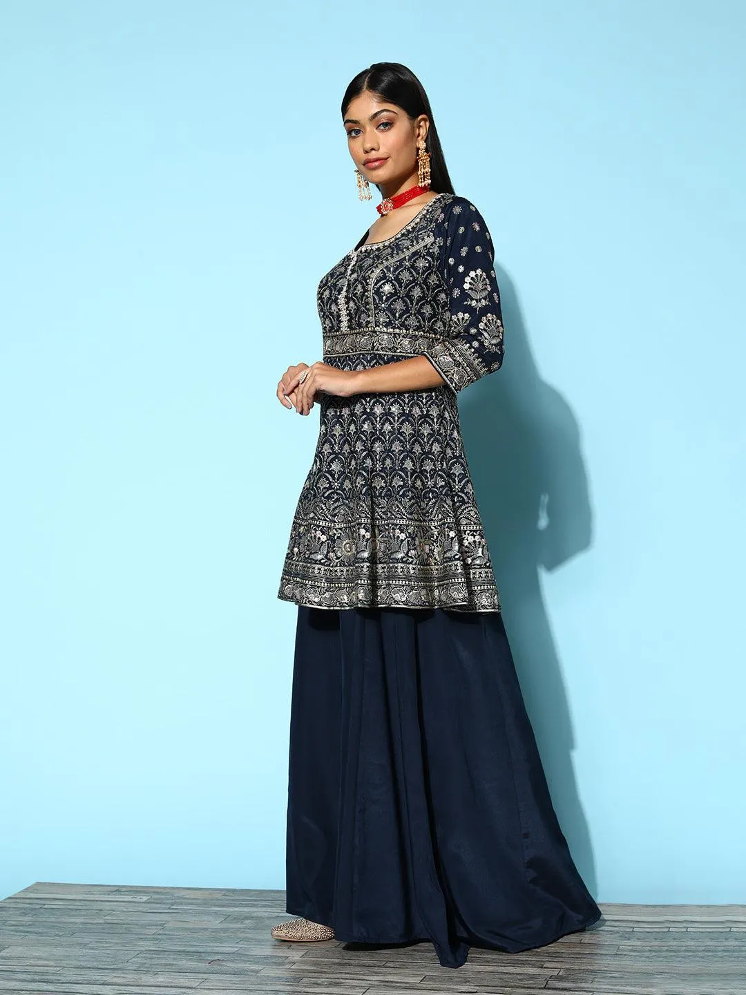 Jashvi Art Blue Embroidered Silk Anarkali Suit Set With Palazzos