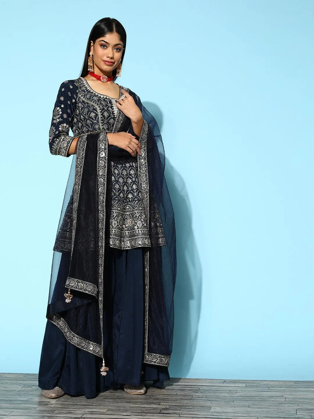 Jashvi Art Blue Embroidered Silk Anarkali Suit Set With Palazzos