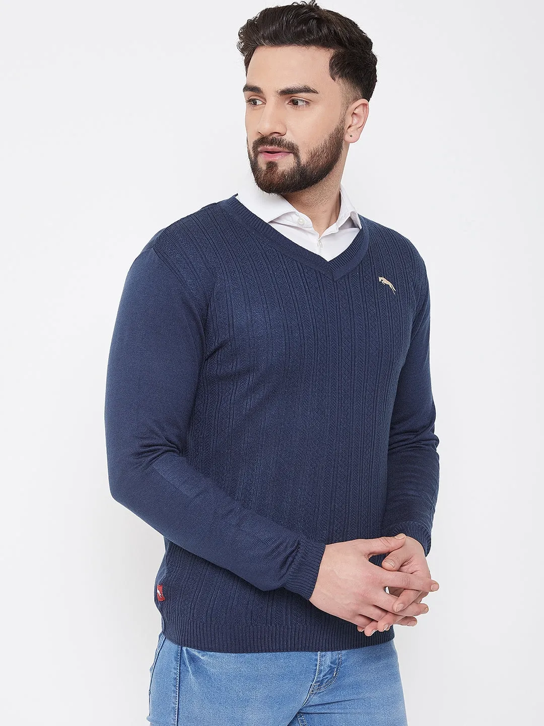 JUMP USA Men Navy Blue Self Design Sweater