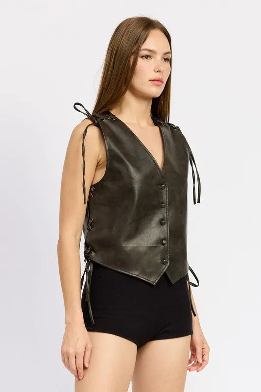 LEATHER VEST WITH LACE DETAIL