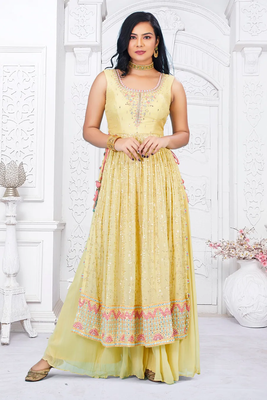 Long Yellow Mirror and Sequin top with Lehenga and Dupatta