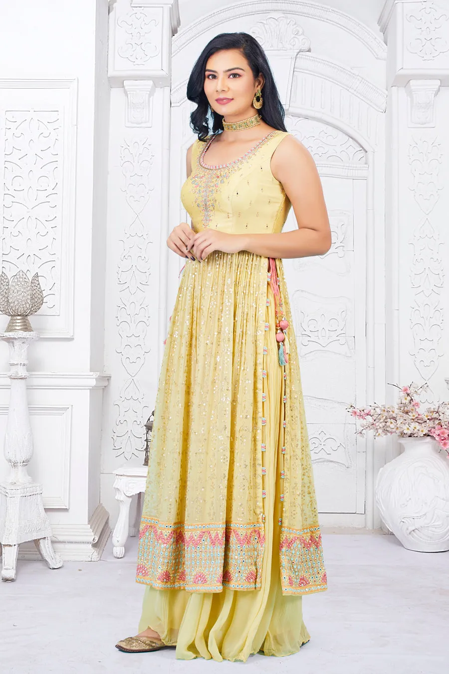 Long Yellow Mirror and Sequin top with Lehenga and Dupatta