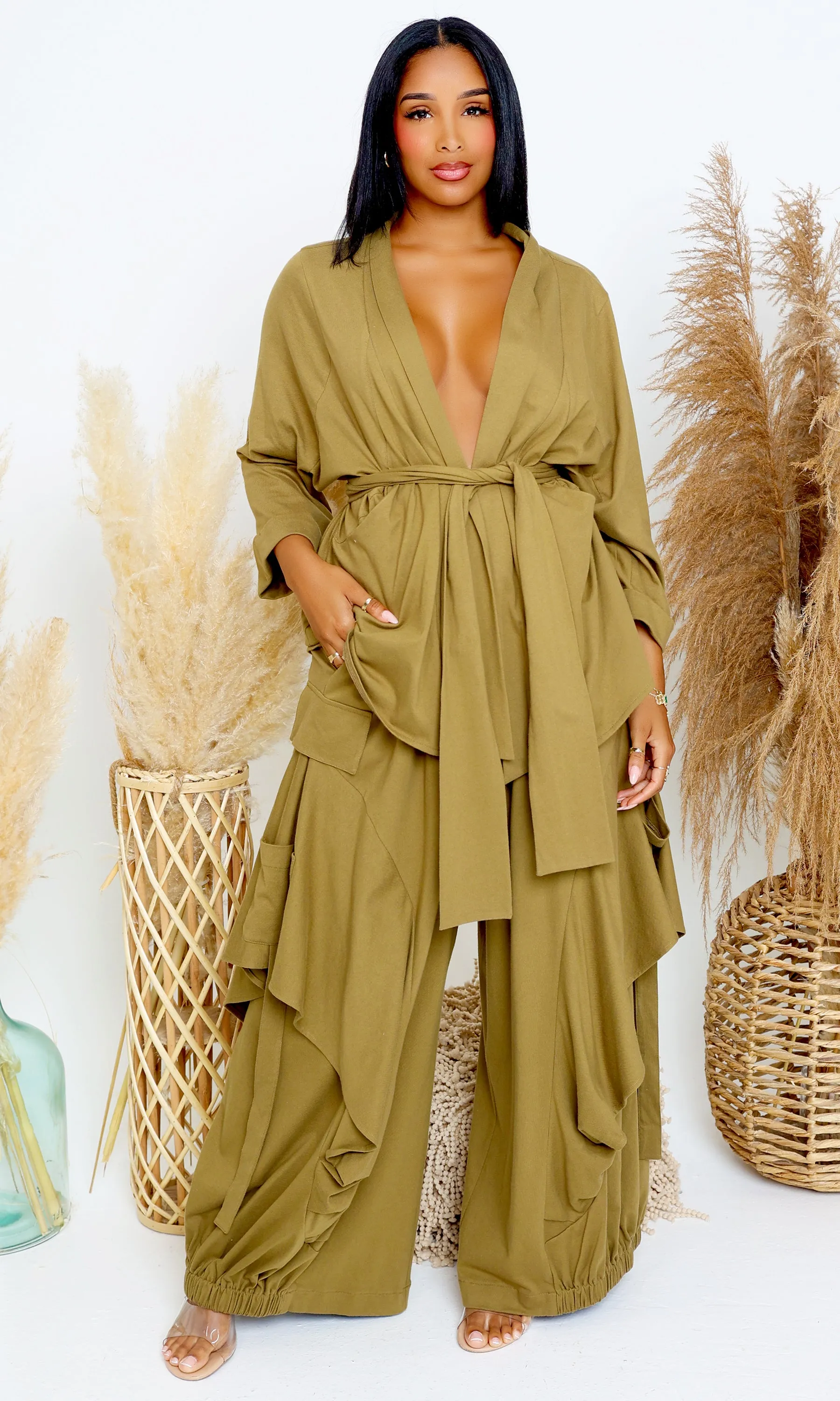 Luxury | Jersey Cardigan Set - Olive PREORDER Ships End April