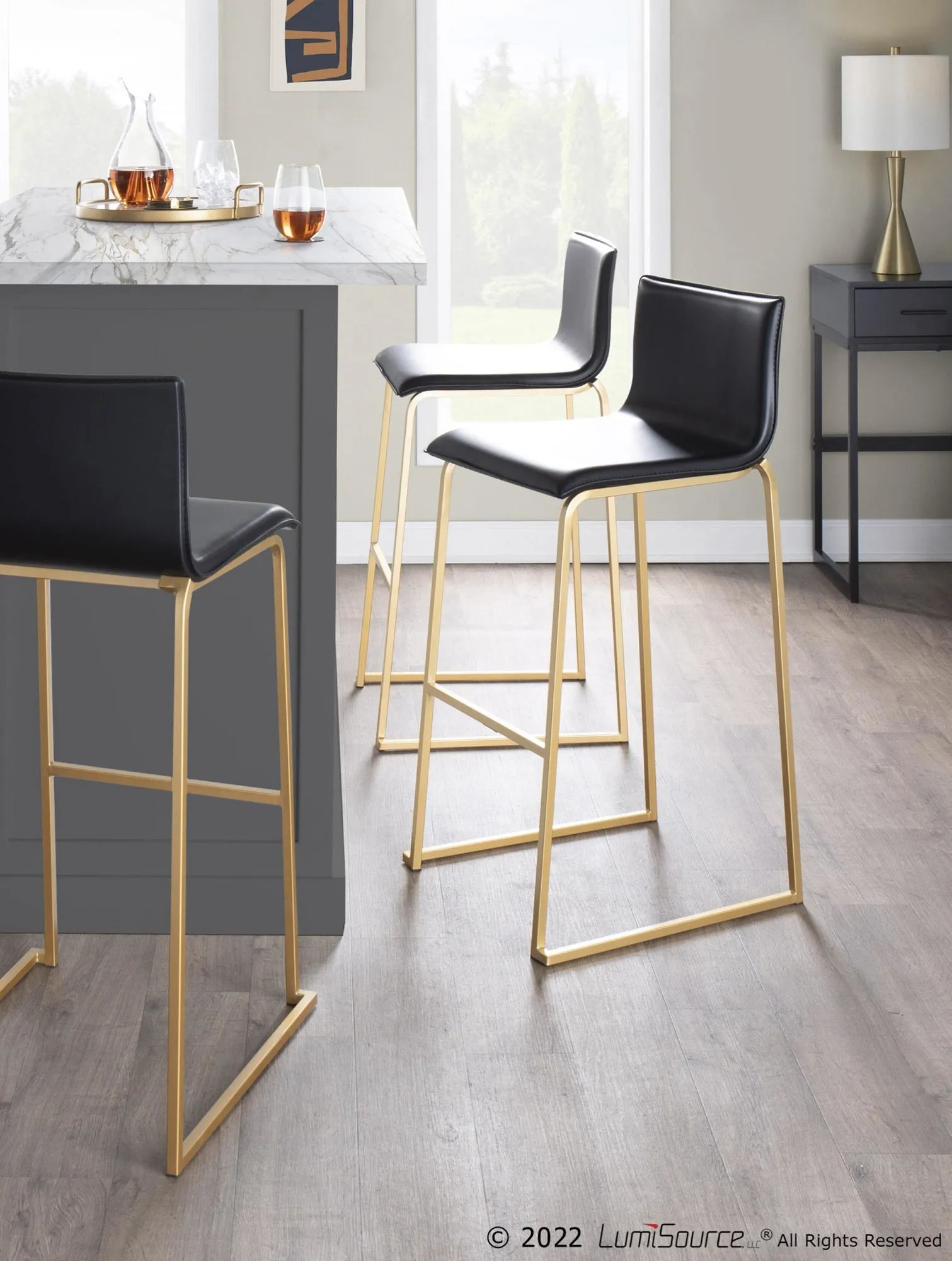 Mara Contemporary Barstool in Gold Steel and Black Faux Leather by LumiSource - Set of 2