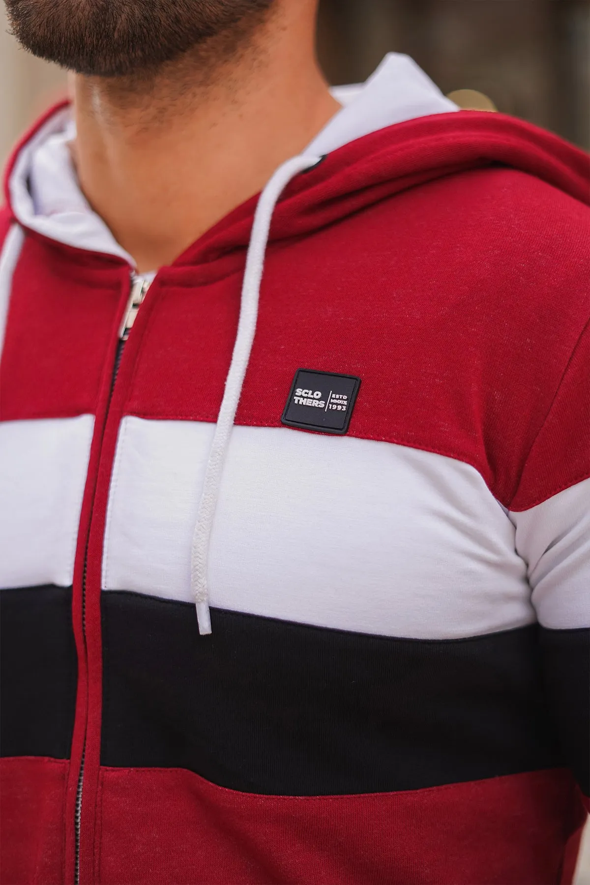 Maroon Tri-Color Zipper Hoodie - W23 - MH0067R