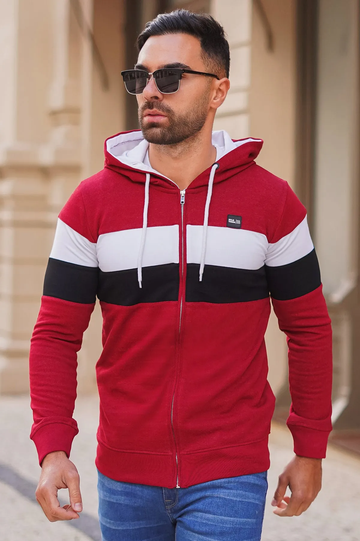 Maroon Tri-Color Zipper Hoodie - W23 - MH0067R