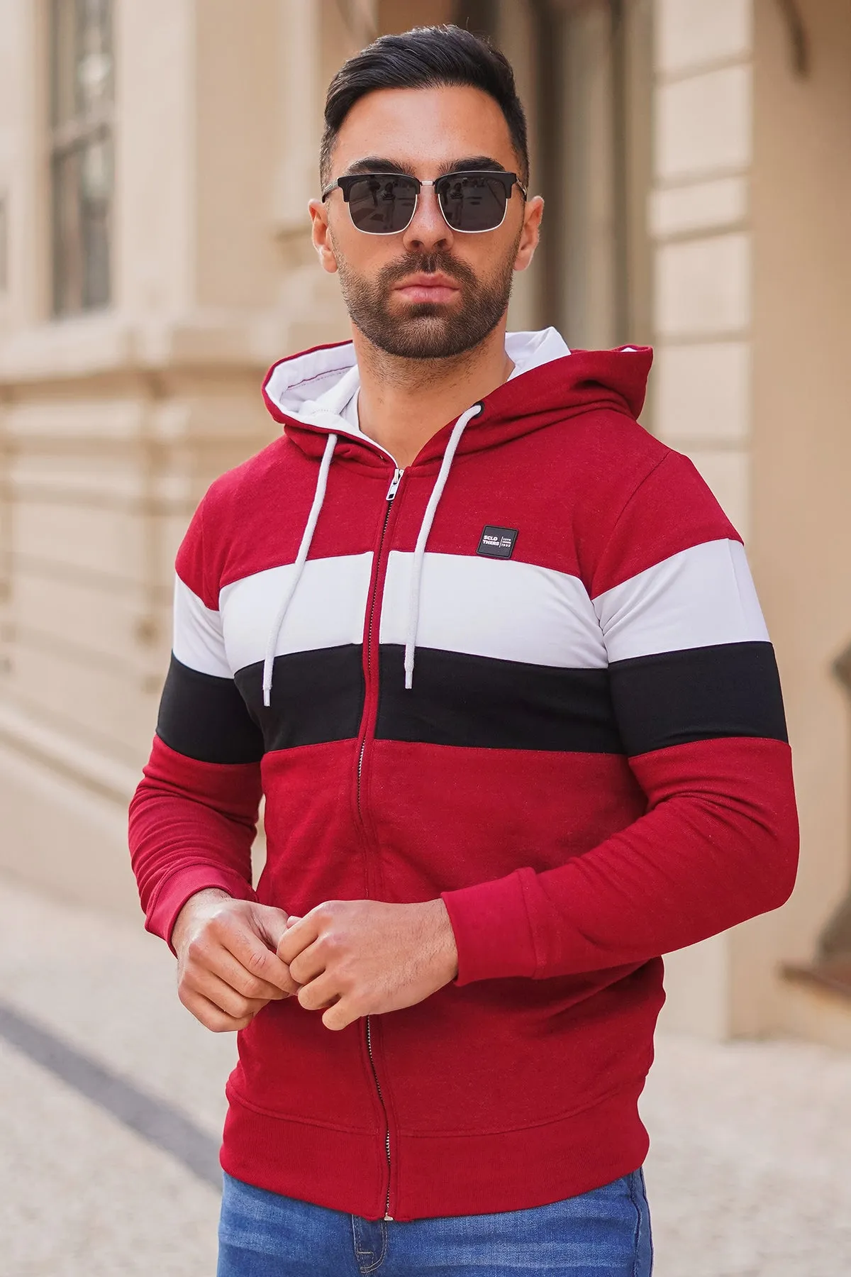 Maroon Tri-Color Zipper Hoodie - W23 - MH0067R