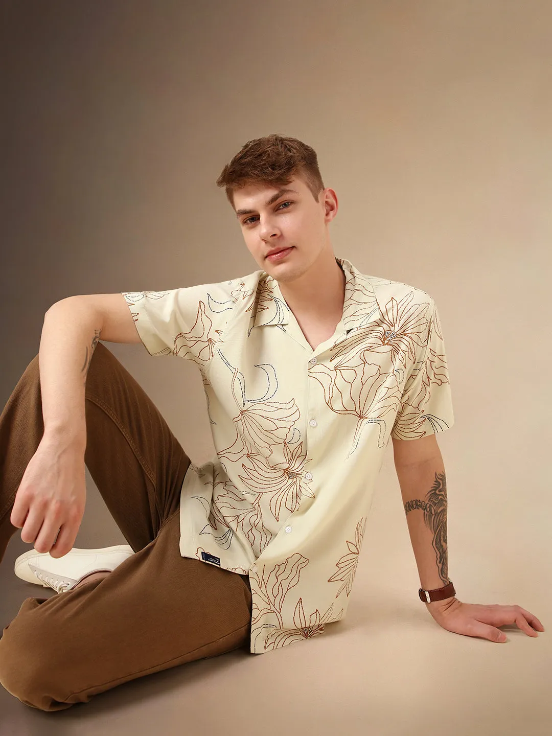 Men's Beige Printed Cuban Collar Half Sleeves Rayon Casual Shirt