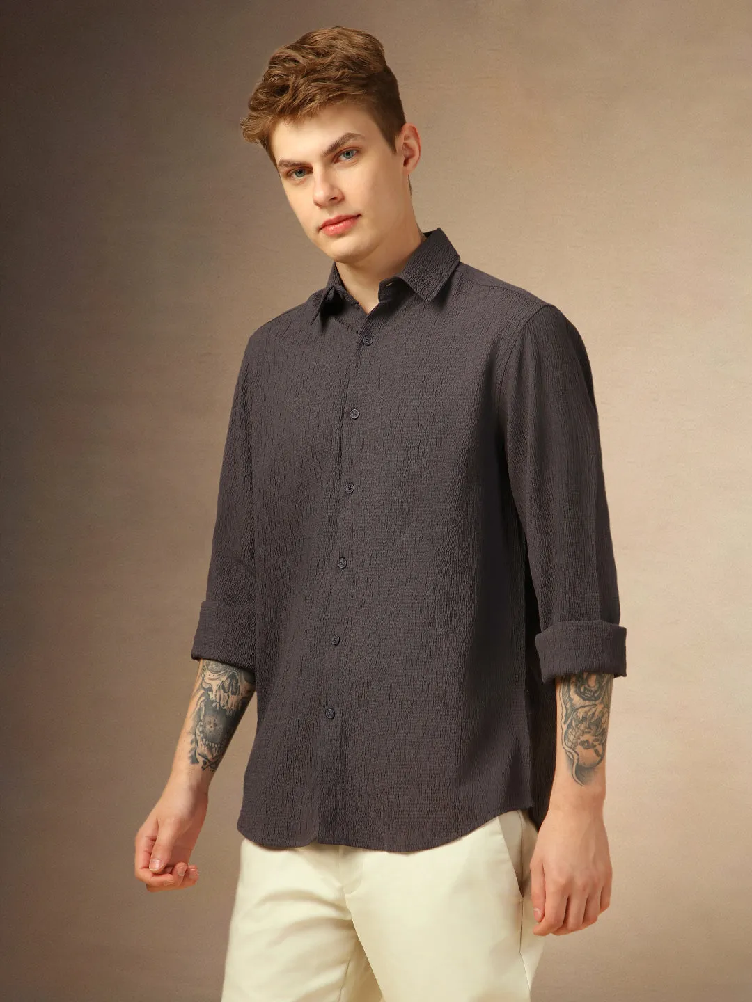 Men's Dark Grey Textured Spread Collar Full Sleeves Casual Shirt