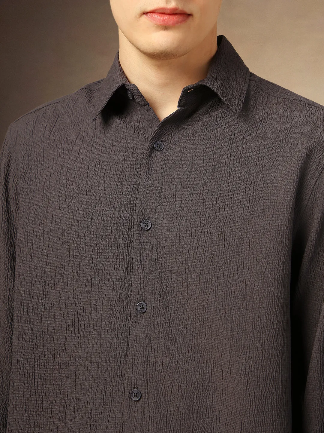 Men's Dark Grey Textured Spread Collar Full Sleeves Casual Shirt