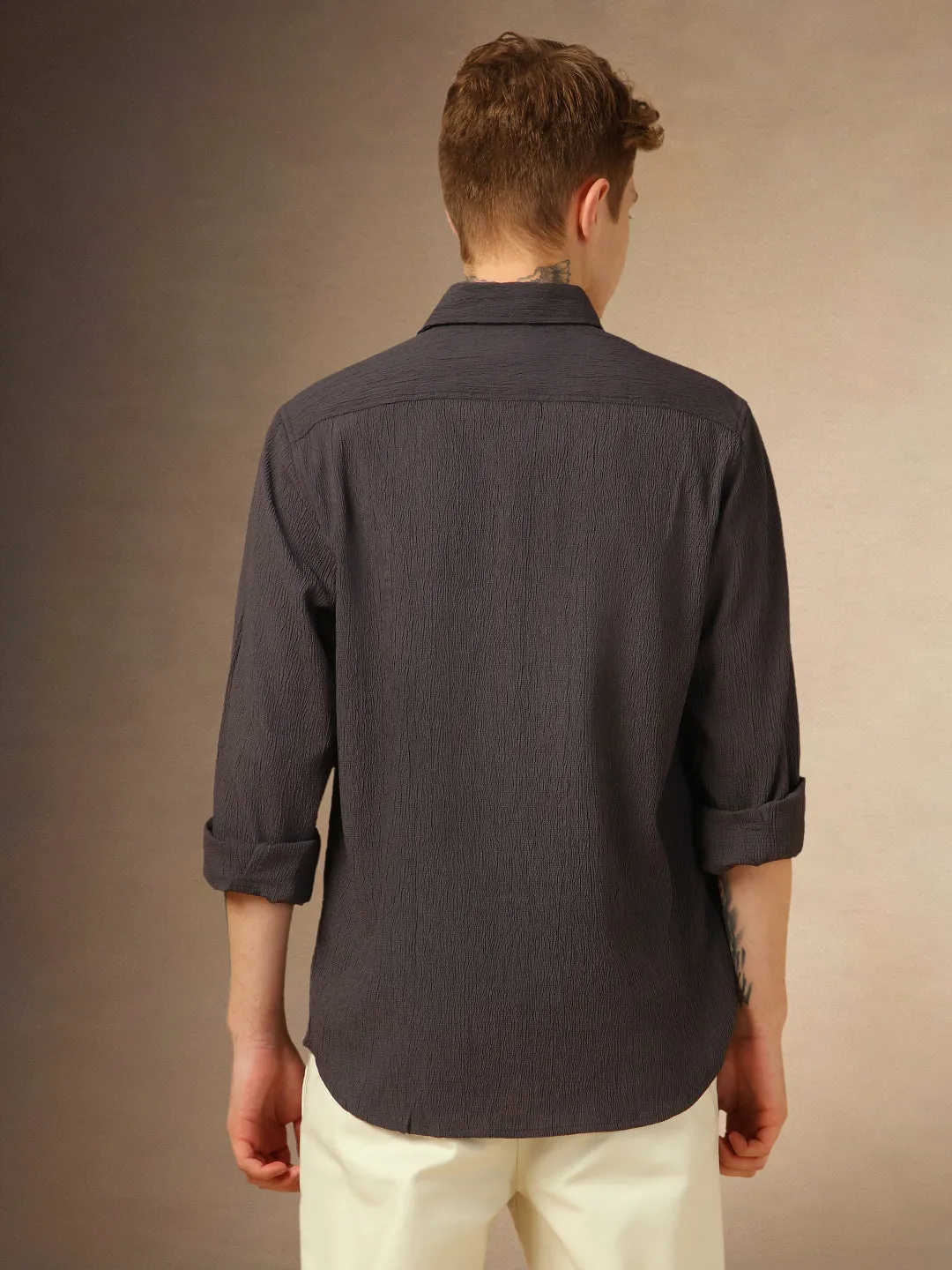 Men's Dark Grey Textured Spread Collar Full Sleeves Casual Shirt