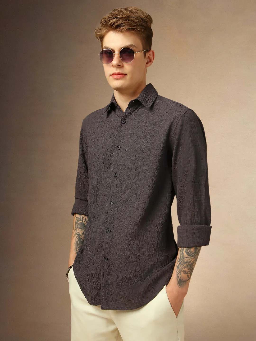 Men's Dark Grey Textured Spread Collar Full Sleeves Casual Shirt