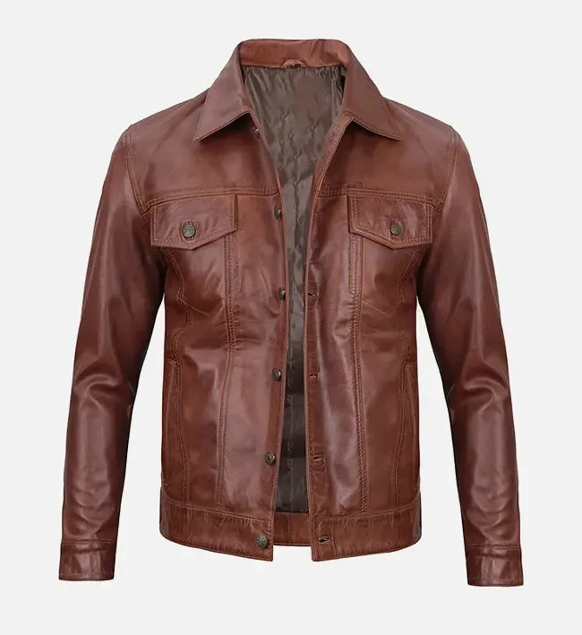 Men's Harrington Brown Leather Trucker Jacket