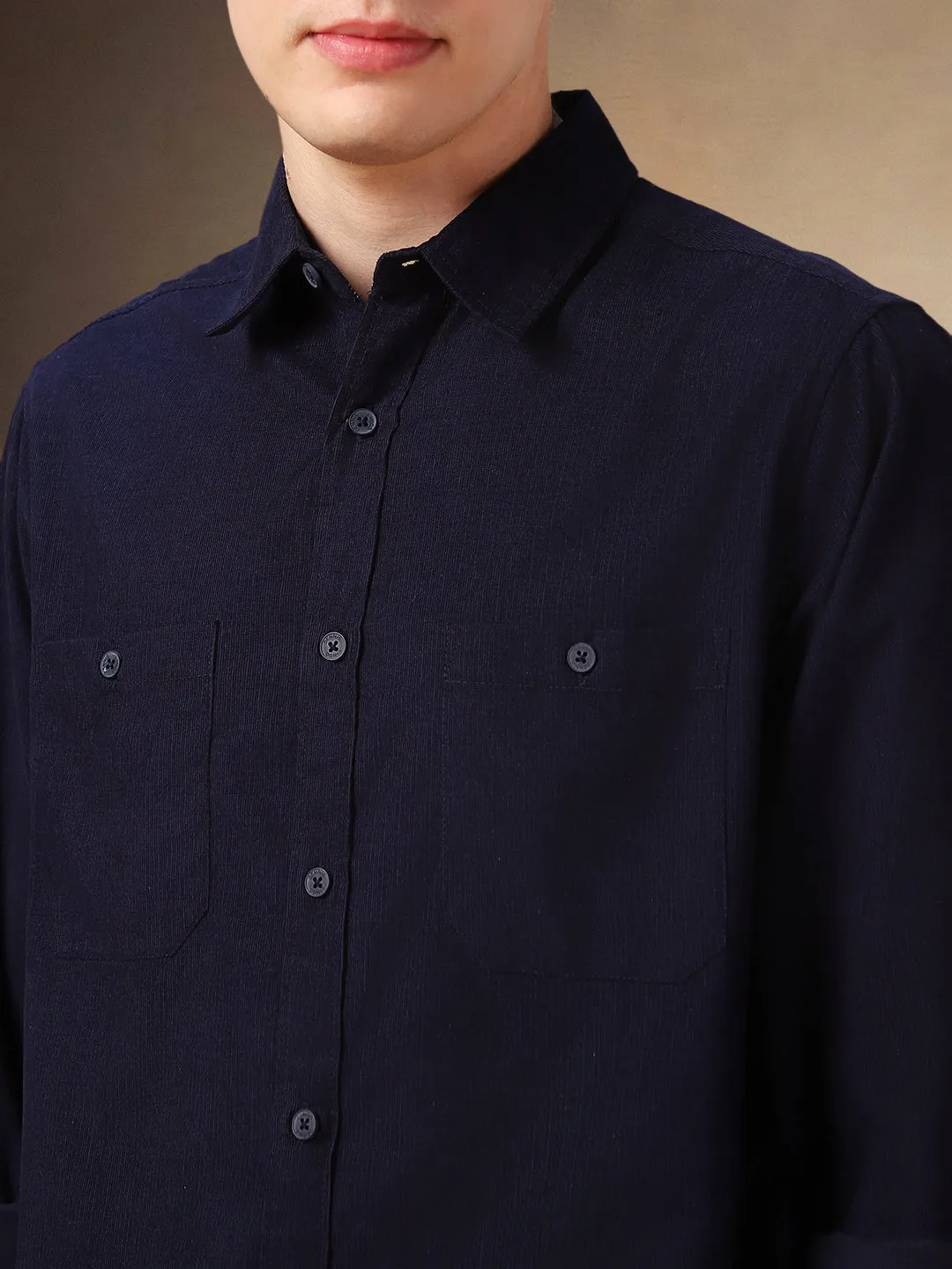 Men's Navy Blue Solid Button Down Collar Full Sleeves Relaxed Fit Corduroy Shirt