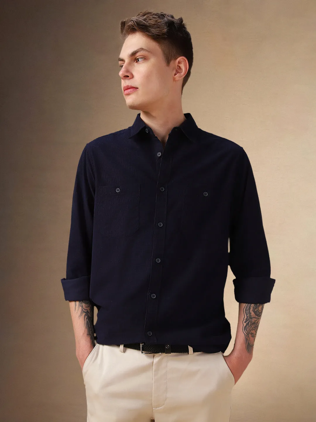 Men's Navy Blue Solid Button Down Collar Full Sleeves Relaxed Fit Corduroy Shirt