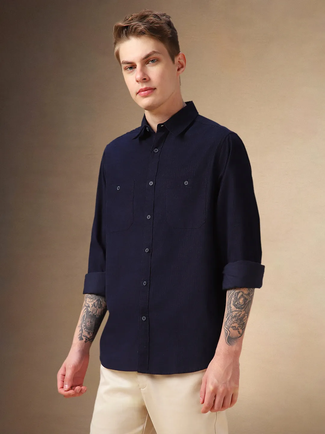 Men's Navy Blue Solid Button Down Collar Full Sleeves Relaxed Fit Corduroy Shirt