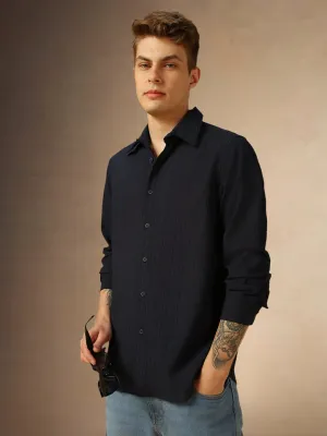 Men's Navy Blue Solid Spread Collar Full Sleeves Shirt